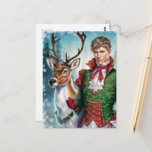 Christmas Handsome blonde man and a Reindeer Postcard