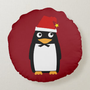 Christmas Hanukkah Jewish Penguin Yamulke Round Cushion