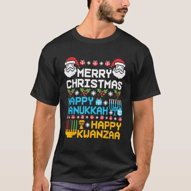 Christmas Hanukkah Kwanzaa Pyjamas Jewish Afro Ugl T-Shirt (Front)