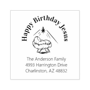 Christmas Happy Birhtday Jesus in Manger Rubber Stamp