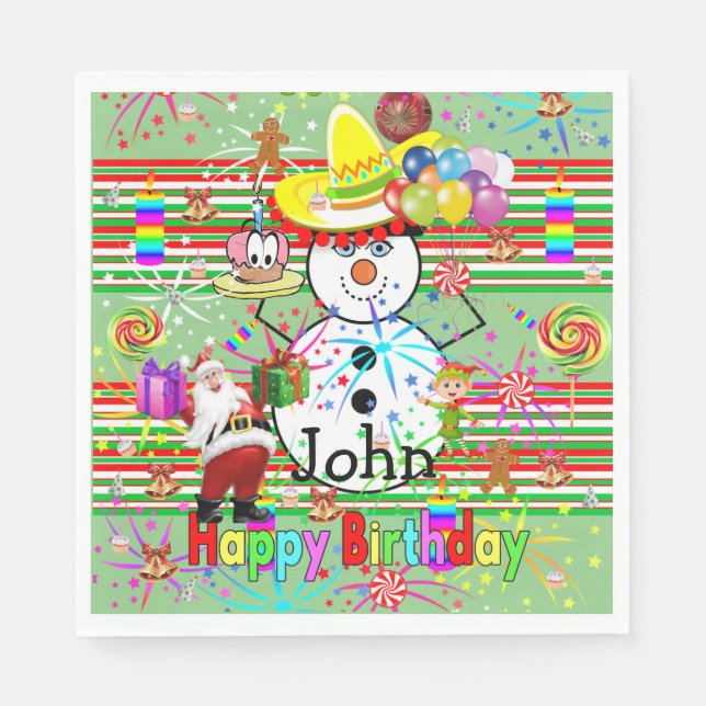 Christmas Happy Birthday Paper Napkins, Merry Napkin (Front)