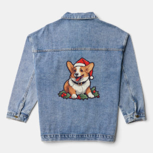 Christmas Happy Corgi in Santa hat with holly Denim Jacket