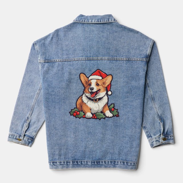 Christmas Happy Corgi in Santa hat with holly Denim Jacket (Back)