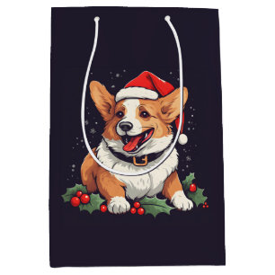 Christmas Happy Corgi in Santa hat with holly Medium Gift Bag