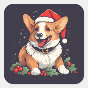 Christmas Happy Corgi in Santa hat with holly Square Sticker