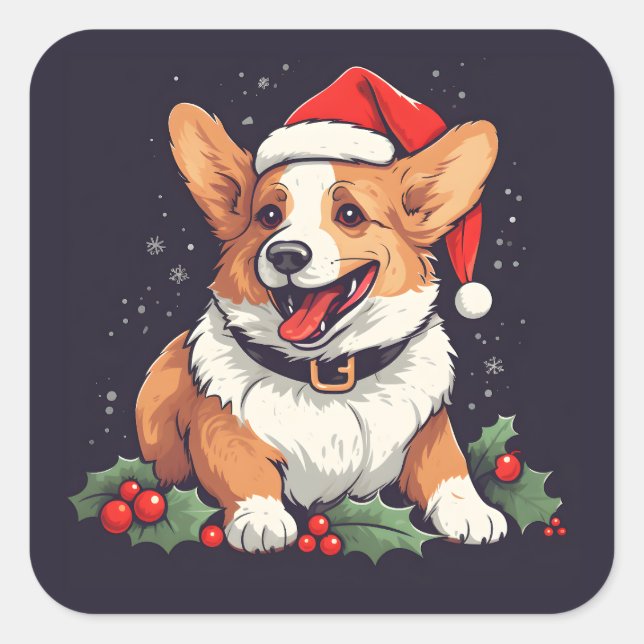 Christmas Happy Corgi in Santa hat with holly Square Sticker (Front)