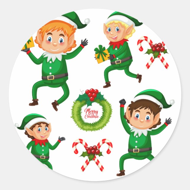 Christmas Happy Elf with Gift Pattern Classic Round Sticker (Front)