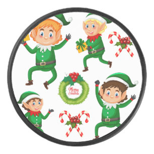 Christmas Happy Elf with Gift Pattern Hockey Puck
