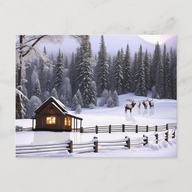 Christmas Happy Holidays Cabin in the Snow Elk Holiday Postcard (Front)