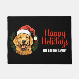 Christmas Happy Holidays Cute Dog in Christmas Hat Doormat