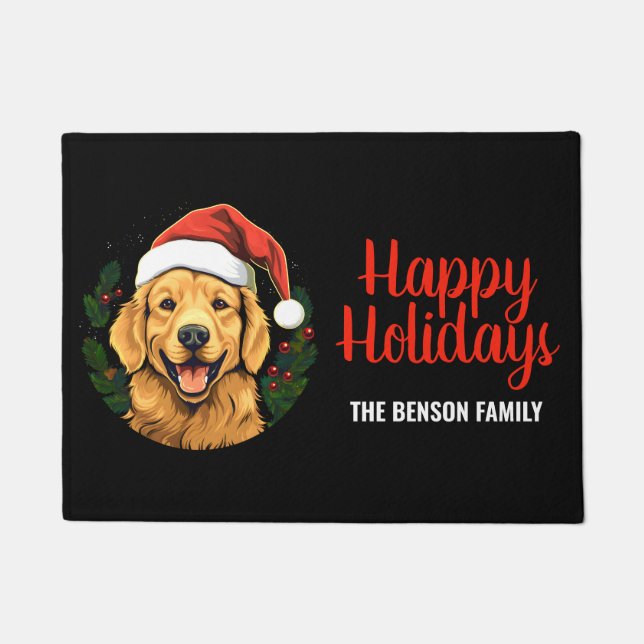 Christmas Happy Holidays Cute Dog in Christmas Hat Doormat (Front)
