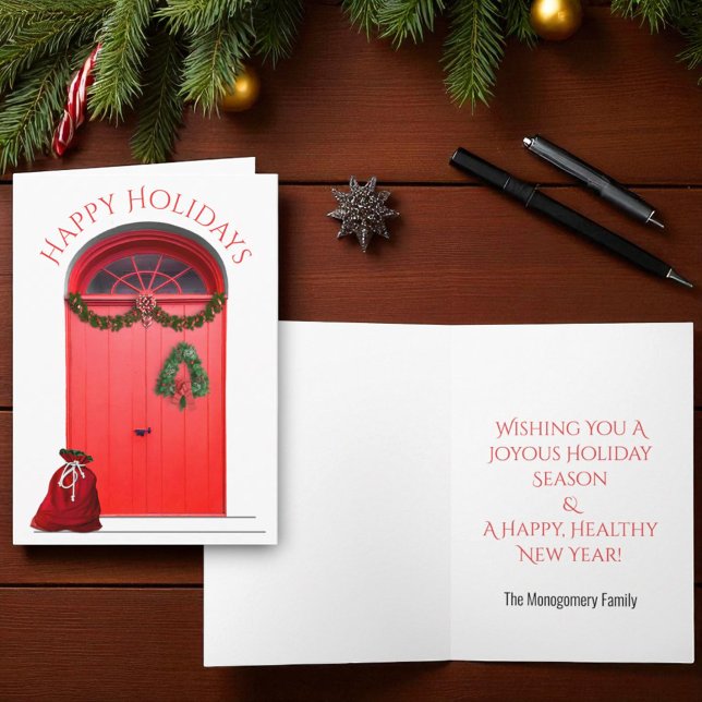 Christmas Happy Holidays Decorations Red Doors Holiday Card (greeting card front and inside cover template)