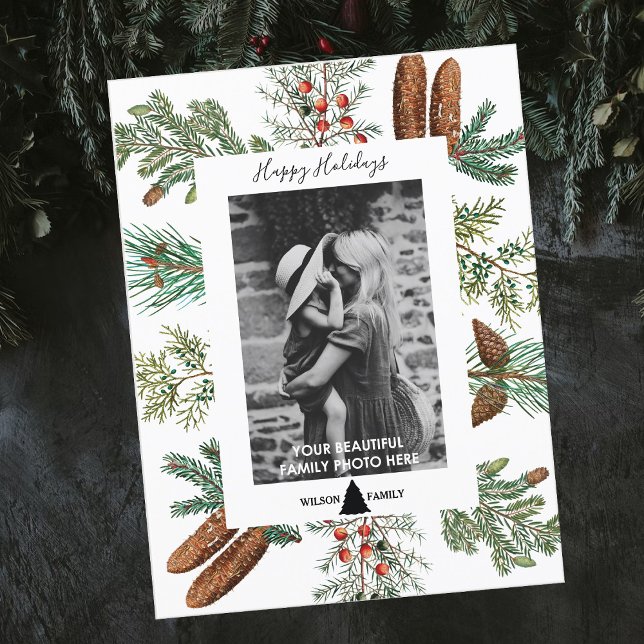 Christmas Happy Holidays Family Photo Pine  Holiday Postcard (Creator Uploaded)