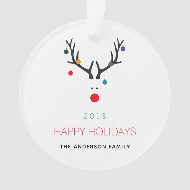 Christmas happy holidays funny reindeer white red ornament (Front)