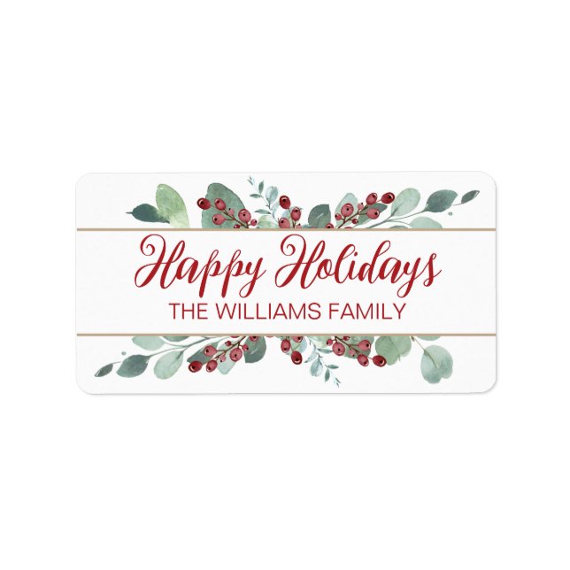 Christmas Happy Holidays Greenery Berries Label (Front)