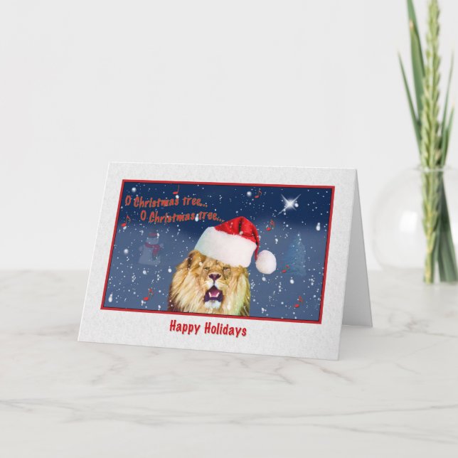 Christmas, Happy Holidays, Lion, Santa Hat Holiday Card (Front)