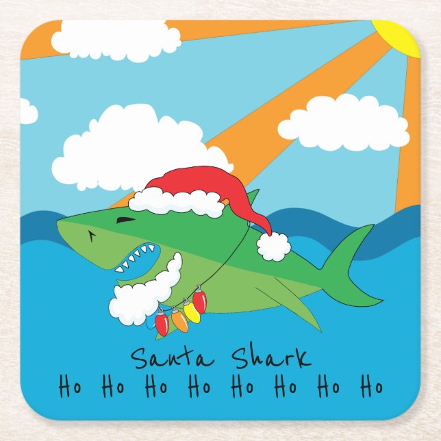 Christmas Happy Santa Shark Square Paper Coaster (Front)