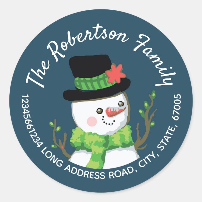 Christmas Happy Snowman Return Address Blue Classic Round Sticker (Front)