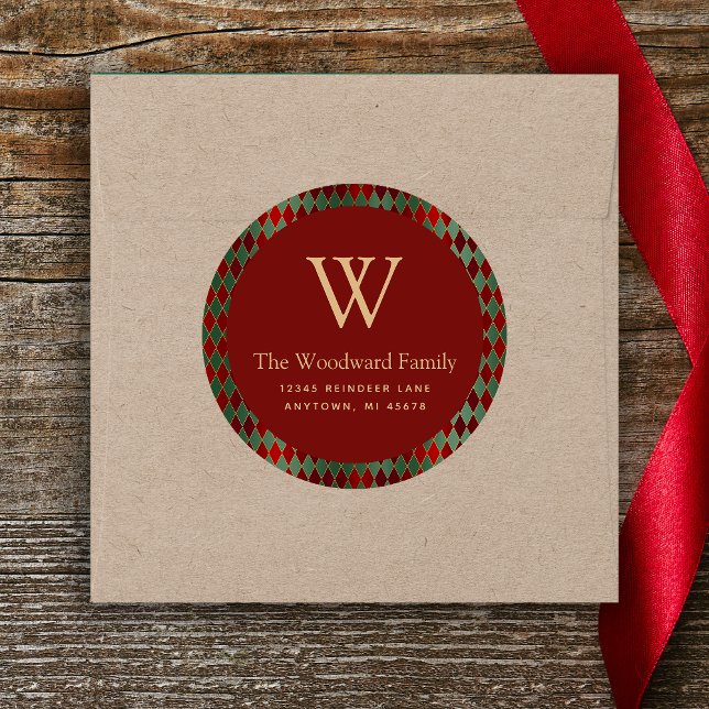 Christmas Harlequin Pattern Red Green Gold Address Classic Round Sticker (Creator Uploaded)