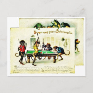 Christmas has monkeys playing golf, frog watching holiday postcard