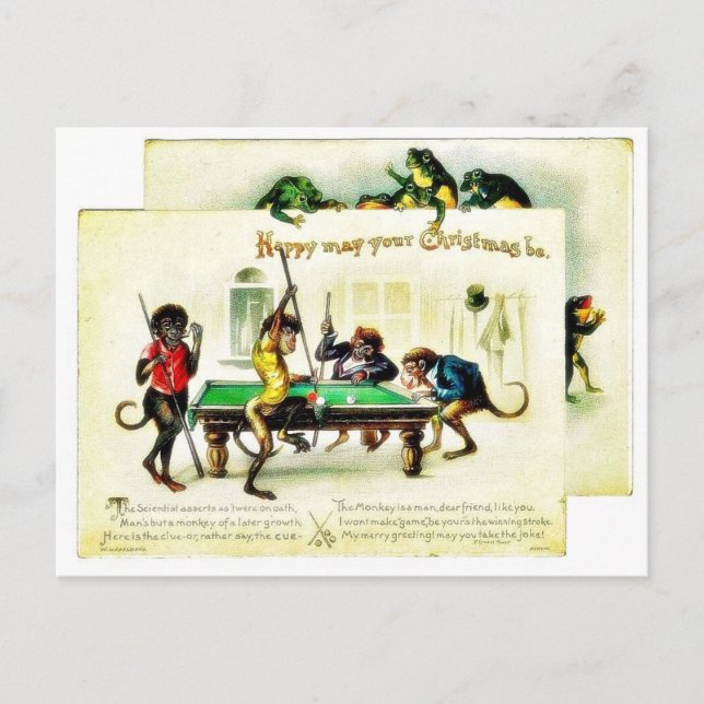 Christmas has monkeys playing golf, frog watching holiday postcard (Front)