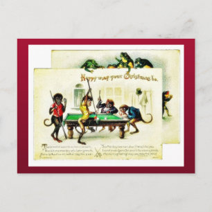 Christmas has monkeys playing golf, frog watching holiday postcard