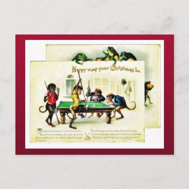 Christmas has monkeys playing golf, frog watching holiday postcard (Front)