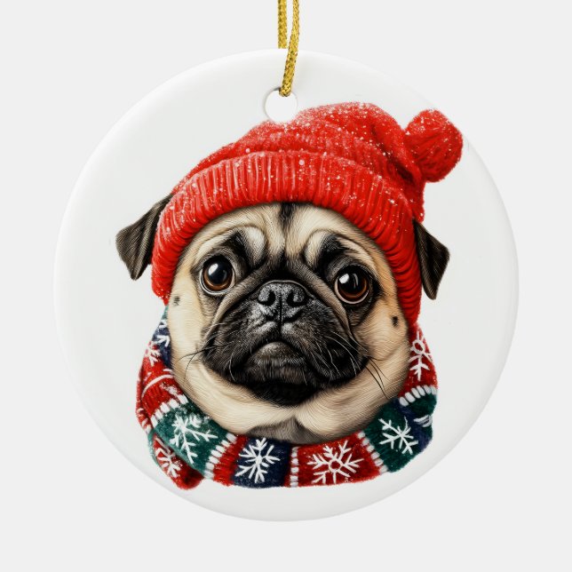 Christmas hat cute pug ceramic tree decoration (Front)