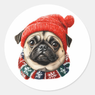 Christmas hat cute pug classic round sticker