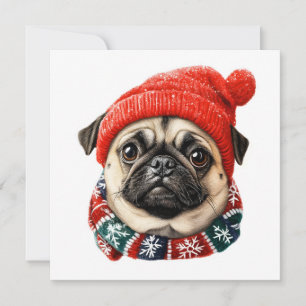 Christmas hat cute pug holiday card