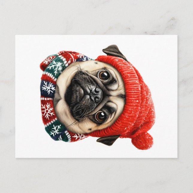 Christmas hat cute pug holiday postcard (Front)