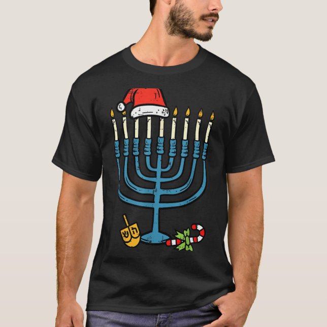 Christmas Hat Menorah Jew Hanukkah Chanukah Men Wo T-Shirt (Front)
