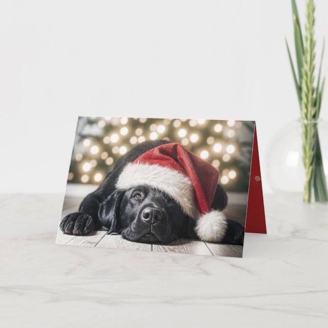 Christmas Hat On a Black Labrador Retriever Holiday Card (Front)