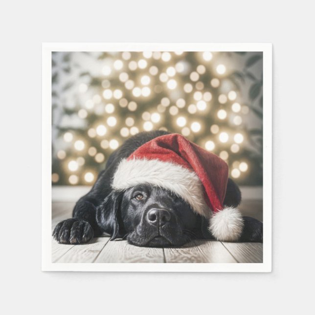 Christmas Hat On a Black Labrador Retriever Napkin (Front)