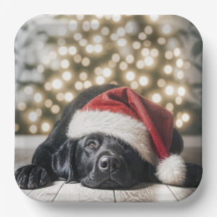 Christmas Hat On a Black Labrador Retriever Paper Plate