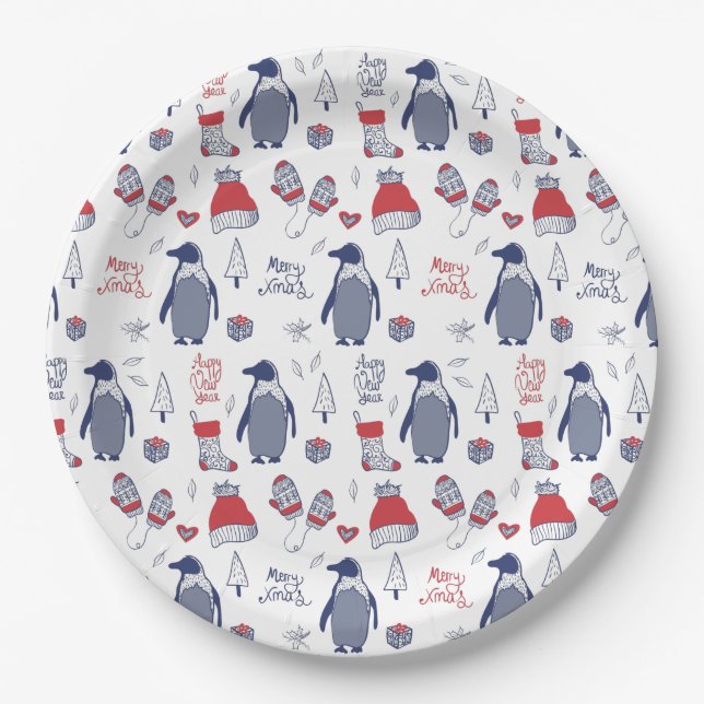 Christmas Hats Gloves Pattern Party Paper Plate (Front)