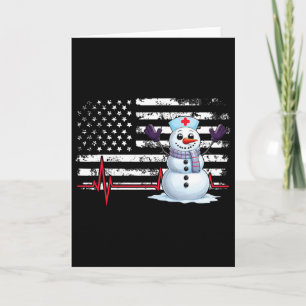 Christmas Heartbeat Nurse Snowman American Flag Ni Card