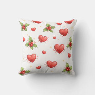 Christmas Hearts and Holly Leaves Cushion