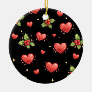 Christmas Hearts and Holly Pattern Ceramic Tree Decoration
