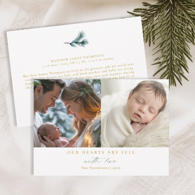 Christmas Hearts Minimal Pine Family Baby 2 Photos Holiday Card (christmas family card baby announcement with love calligraphy simple elegant 2 photos green gold)