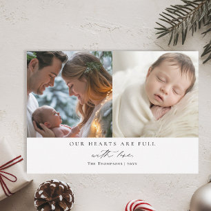Christmas Hearts Minimalist Family Baby 2 Photos Holiday Card
