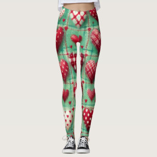 Christmas Hearts Quilt Red Green Pattern Leggings