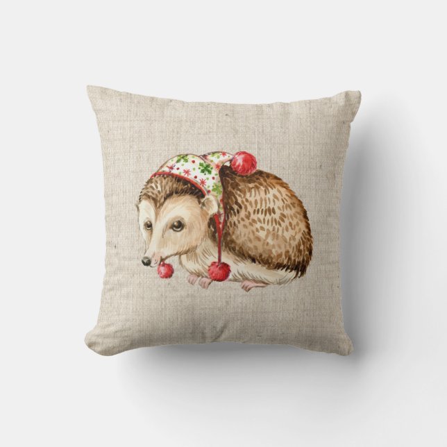 christmas hedgehog linen look pillow cushion (Front)