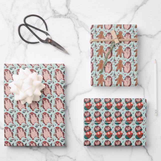 Christmas Hedgehog Wrapping Paper Sheet (Front)