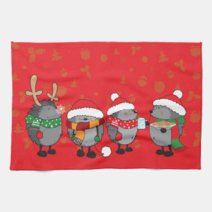 Christmas hedgehogs tea towel
