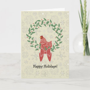 Christmas hen perched  modern wreath + snowflakes holiday card