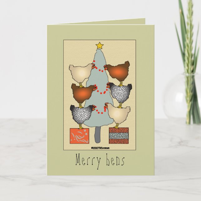 Christmas hens decorate tree on linen Card (Front)