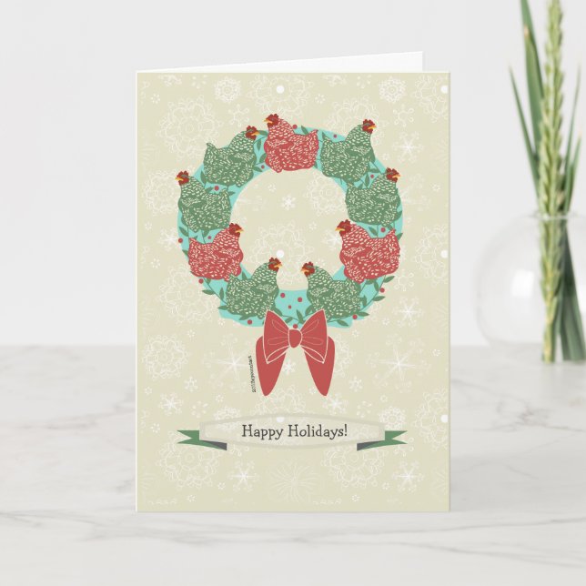 Christmas hens perched on wreath + snowflakes v2 holiday card (Front)