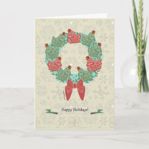 Christmas hens perched on wreath + snowflakes v2 holiday card