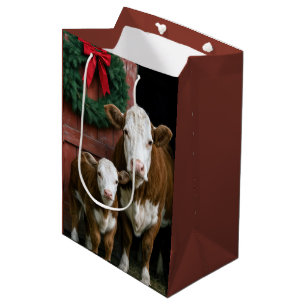 Christmas Hereford Cow and Calf Medium Gift Bag